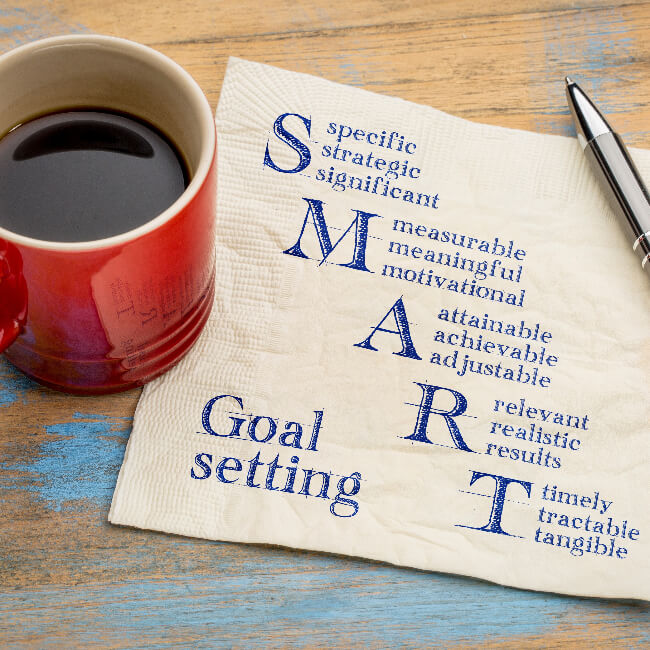 Coffee cupwith a goal setting theme on a napkin